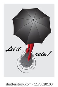 Woman under black umbrella, wearing red boots. Autumn mood. Rainy day. Vector illustration. 