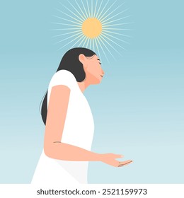 A woman under the blue sky and sunlight for get more vitamin D, healthy lifestyle concept. flat vector illustration.