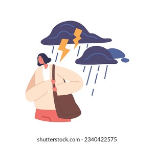 Mujer Bajo Una Nube Oscura Con Rayos Representa Desafíos Y Dificultades Caricaturistas Gente Ilustración Vectora