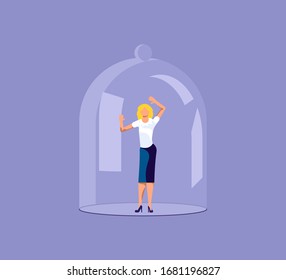 Woman Under Glass Cover. Metaphor of loneliness, loner closed from the world with a transparent glass semi-sphere. Isolated on purple. Flat Art Vector Illustration