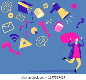 Woman under information overload. Cute vector drawing