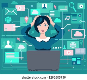 
Woman under pressure overwhelmed by information. A woman sits in front of a laptop and is overloaded with a lot of information. Information overload concept. Vector.