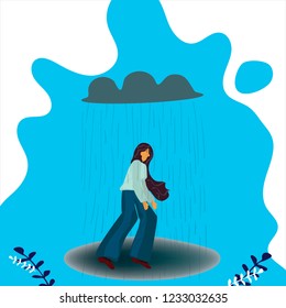 Woman under rain dealing with depression or just had a bad day. Illustration for an emotion in a manner that is socially tolerable. 