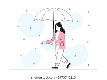 Woman under rain. Young girl walks down street with umbrella in her hand in rainy weather. City dweller in autumn and fall season. Linear flat vector illustration isolated on white background