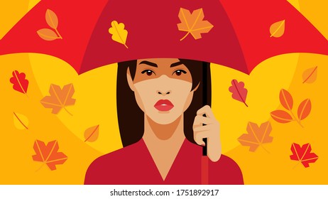 Woman under red umbrella. Beautiful brunette stands under an umbrella. Falling autumn leaves. Concept of walking, rain, bad weather, protection. Modern vector illustration for poster, banner, cover.