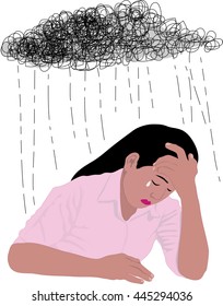 Woman under stormy rainy clouds on white background. Concept illustration about sadness and depression.