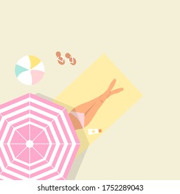 Woman under the sunshade, sunbathing on the beach, summer vector illustration
