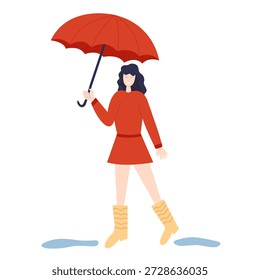 Woman under umbrella flat vector illustration. Woman in red dress holding red umbrella