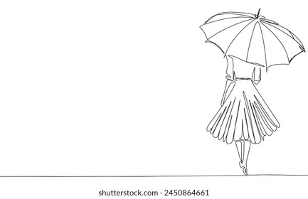 Woman under umbrella one line continuous. Line art woman with umbrella. Hand drawn vector art.