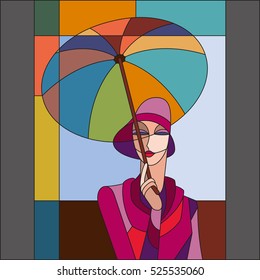 Woman under umbrella pattern. Art deco vector colored geometric pattern. Art deco stained glass pattern.