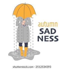woman under umbrella in the rain, capturing the melancholic mood of autumn. Ideal for posters, cards, or social media to convey feelings of introspection, solitude, or seasonal change.