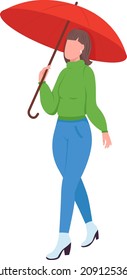 Woman under umbrella semi flat color vector character. Dynamic figure. Full body person on white. Lifestyle isolated modern cartoon style illustration for graphic design and animation
