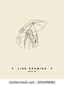 Woman under an umbrella. Walk in the rain. Vector line drawing.