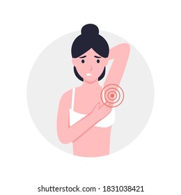 Woman with underarm pain or armpit pain. Flat vector cartoon modern illustration. Hidradenitis suppurativa.