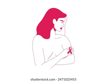 Woman undergoing breast cancer surgery holds pink ribbon. Rebuilding, medical examination and support females after mastectomy. Vector illustration