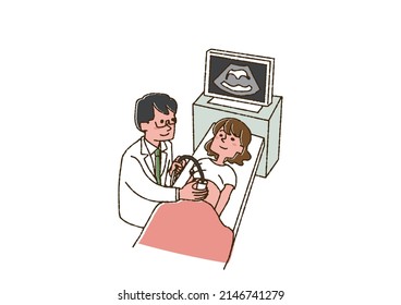 A woman undergoing an echo examination, a comical handwritten person, a vector, a line drawing in color