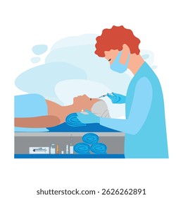 Woman undergoing facial rejuvenation procedure. Facelift and beauty injections. Plastic surgery. Vector illustration.