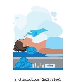 Mulher submetida a procedimento de rejuvenescimento facial. Facelift e injeções de beleza. Cirurgia plástica. Ilustração vetorial.