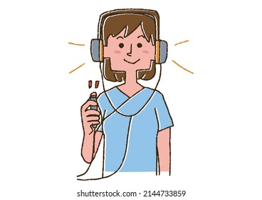  Una mujer sometida a una prueba de audición, una persona manuscrita cómica, un vector, un dibujo de línea en color