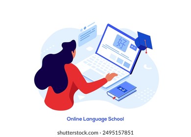 Woman undergoing internet course at laptop computer. Online language school concept isometric vector illustration. Female studying Chinese with video lessons cartoon character colour composition