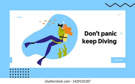 Woman Underwater Diver Photographing Fish in Ocean, Female Character with Snorkel, Flippers and Mask Active Recreation, Pastime Website Landing Page, Web Page. Cartoon Flat Vector Illustration, Banner