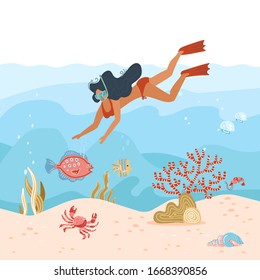 Frauen unter Wasser tauchen. Sommeraktivität. Junge Mädchen in Schnorchelmaske erforscht das Leben in der Tiefsee, tauchen mit tropischen Fischen und Korallenriff. Reisen Sie Lifestyle. Vektorillustration flach.