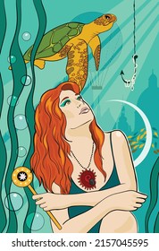 Woman underwater with magic wand and turtle. Magic feminine concept illustration. Colorful metaphorical card for psychology