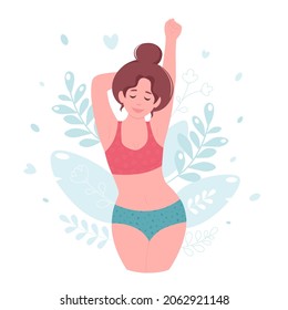 Woman in underwear. Body positive, self love, self care concept. Vector illustration