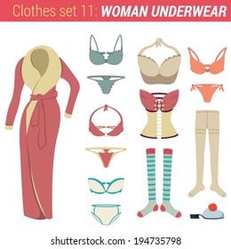 Woman underwear clothing vector icon set. Bathrobe, pants, socks, slippers, bra, stockings, tights.  Clothes collection.