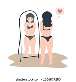 Woman in underwear hugging herself in front of the mirror. Love yourself, body positive concept. Flat vector cartoon illustration.