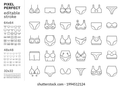 Woman underwear: pants and bras icon set. Types of lingerie: maternity and sport, bandeau and multiway, beginners and high rise, bikini and hipster. Pixel perfect 32x32, 48x48, 64x64 pictograms