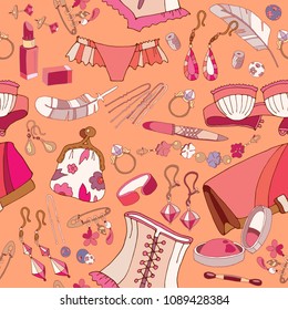 Woman underwear pattern. Fashion and clothing background. Woman accessories seamless pattern, cosmetics and jewelery 