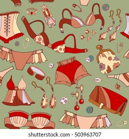 Woman underwear seamless pattern. Fashion accessories, underwear, cosmetics, jewelry, woman shopping fashion background vector