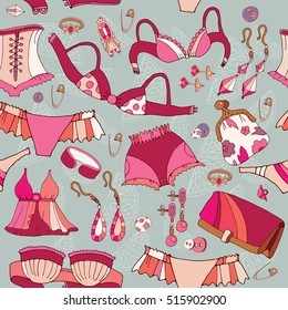 Woman underwear seamless pattern. Fashion accessories, cosmetics, jewelry, woman shopping background vector 