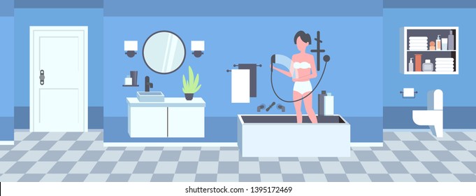 woman in underwear taking a shower modern bathroom interior sink table top mirror toilet and bathtub furniture flat horizontal full length