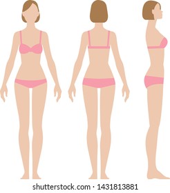 Woman in underwear in three projections front view side and back vector illustration