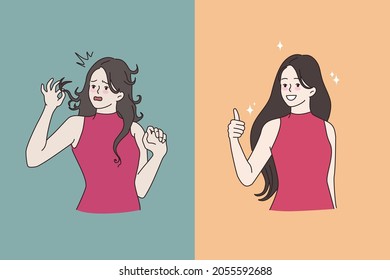 Woman unhappy before and happy after salon hair treatment. Smiling girl client recommend good quality beauty saloon straightening or restoration procedure. Flat vector illustration, cartoon character.