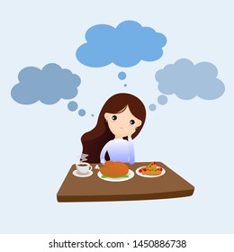 Woman Unhappy To Eat Food. Bored With Food. Woman Boring Don't Want To Eat Food.Vector, Illustration