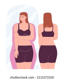 Woman is unhappy with her reflection in the mirror, overweight, it seems to her that she is fatter than she really is