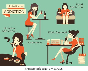 Woman in unhealthy addiction lifestyle, acoholism, nicotine addiction, food addiction and working overload. Vector illustration in vintage style.