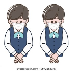 Woman in a uniform bowing with a surgical mask, Vector illustration set