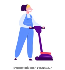 Woman in the uniform cleaning floor using vacuum cleaner. Cleaning service concept. Maid doing domestic work. Vector illustration in flat style isolated