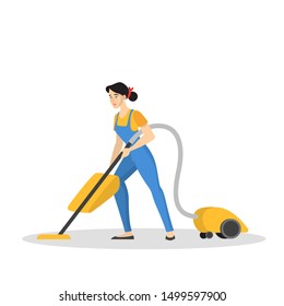 Woman in the uniform cleaning floor using vacuum cleaner. Cleaning service concept. Maid doing domestic work. Vector illustration in flat style isolated