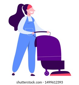 Woman in the uniform cleaning floor using vacuum cleaner. Cleaning service concept. Maid doing domestic work. Vector illustration in flat style isolated