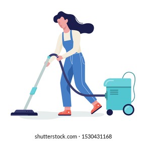 Woman in the uniform cleaning floor using vacuum cleaner. Cleaning service concept. Doing domestic work. Vector illustration in flat style isolated