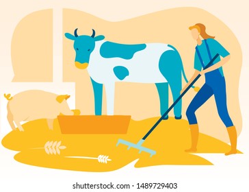 Woman in Uniform Cleans In Shed in Animals at Farm. Vector Flat Illustration. Working at Farm. Family Business. Spotted Cow and Pig in Shed. Pig Eats from Feeder. Hay on Floor in Barn.