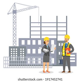 Woman in uniform engineer in helmet talking to man foreman on building construction background flat vector illustration. Modern architect girl in the male profession communicates with the builder