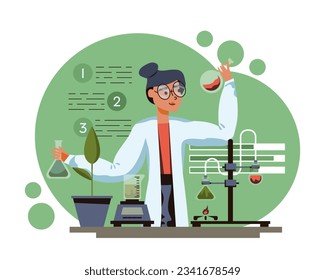 Woman in uniform and glasses doing research with test tubes. Production of substances in laboratory. Chemical and laboratory research concept. Flat vector illustration in green colors