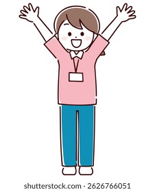 A woman in a uniform with her arms outstretched