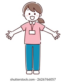 A woman in a uniform with her arms outstretched